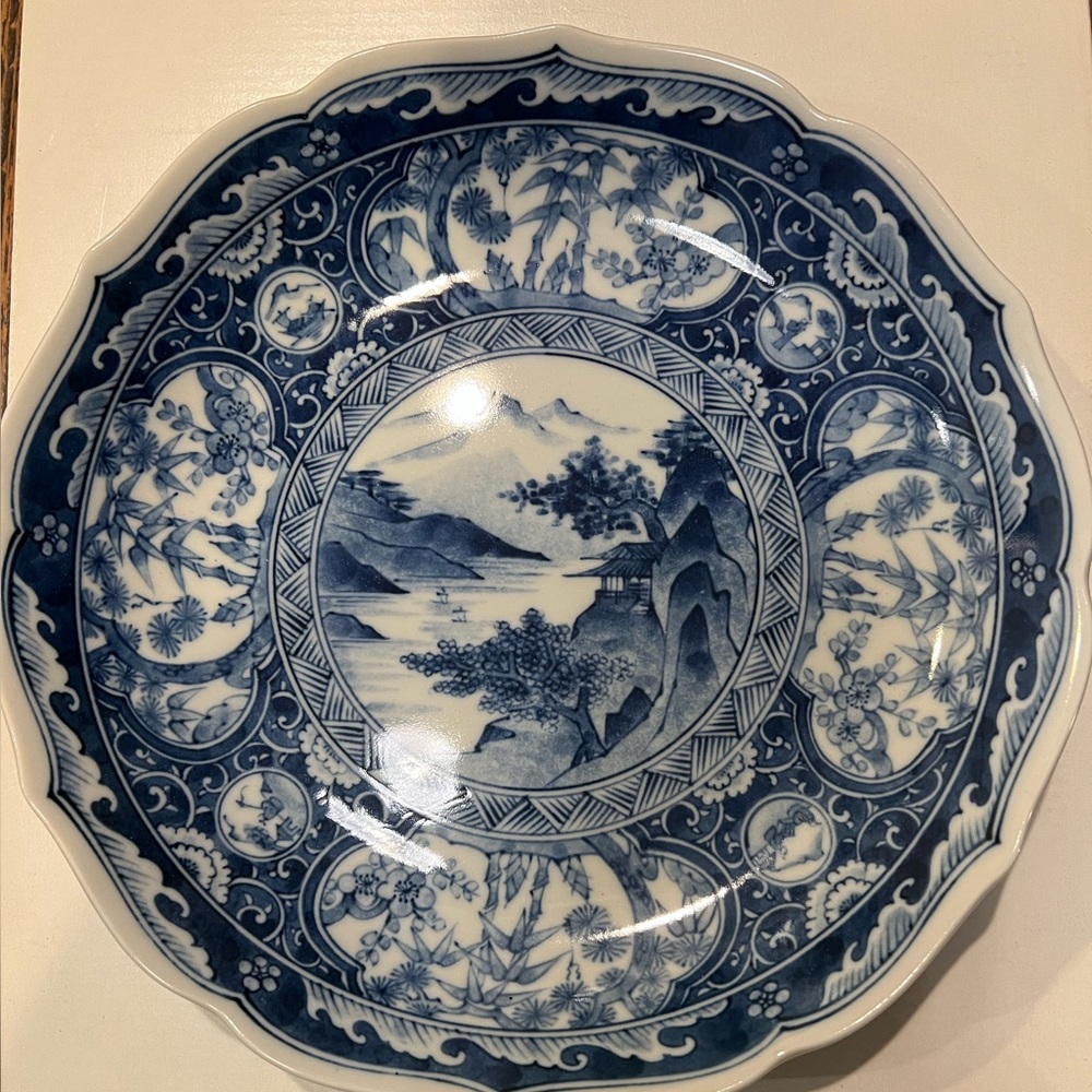 Japanese Blue & White Scalloped Porcelain Plate | Landscape Motif | Vintage